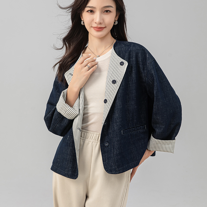 小香风条纹双面穿牛仔外套女