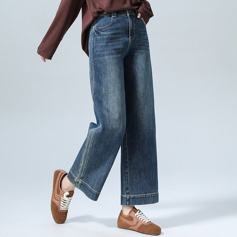 复古高腰直筒牛仔裤女春秋新款女裤宽松显瘦小个子九分窄版阔腿裤