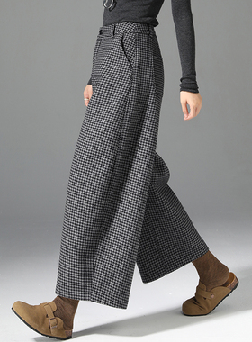 高腰九分毛呢阔腿裤女秋冬新款加绒裤子休闲小个子直筒宽松格子裤