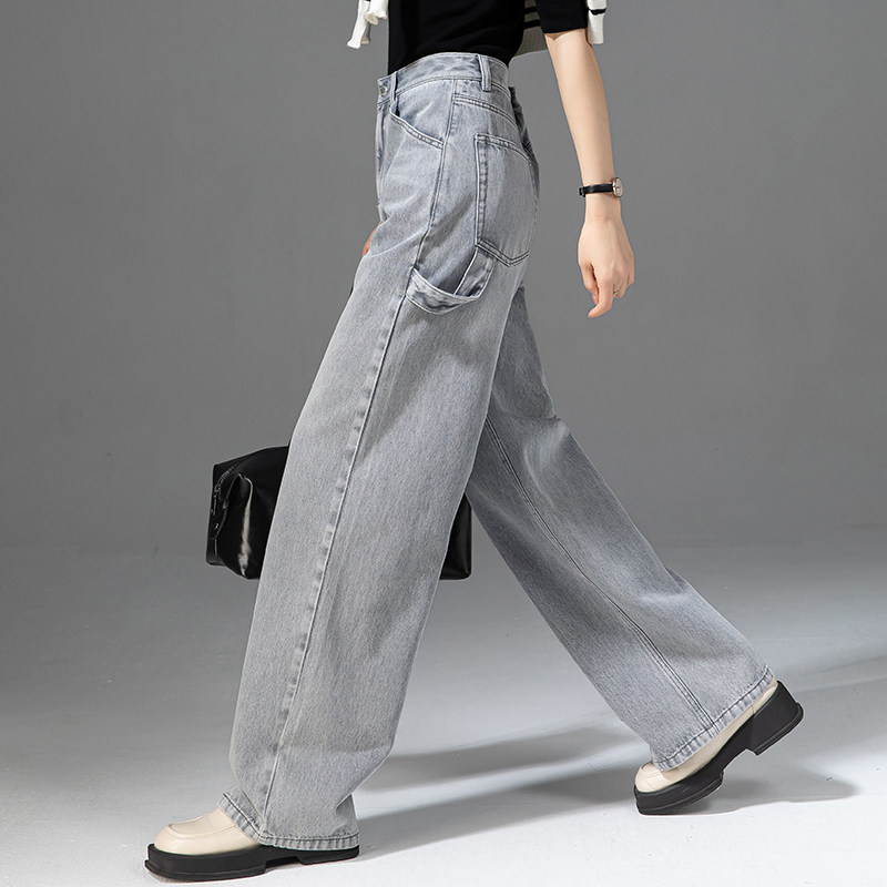 灰色高腰工装阔腿牛仔裤女春秋新款宽松显瘦裤子拖地裤弯刀直筒裤,女装/女士精品,牛仔裤,淘宝优惠券,粉丝福利购,淘宝优惠卷