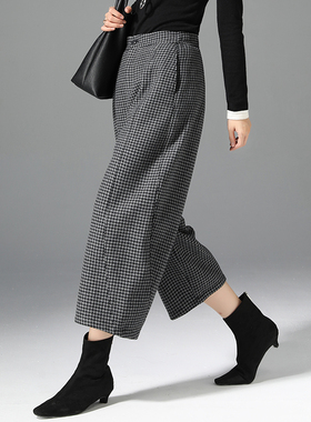 灰色加绒格子裤女毛呢裤子秋冬休闲小个子八分九分弯刀直筒阔腿裤