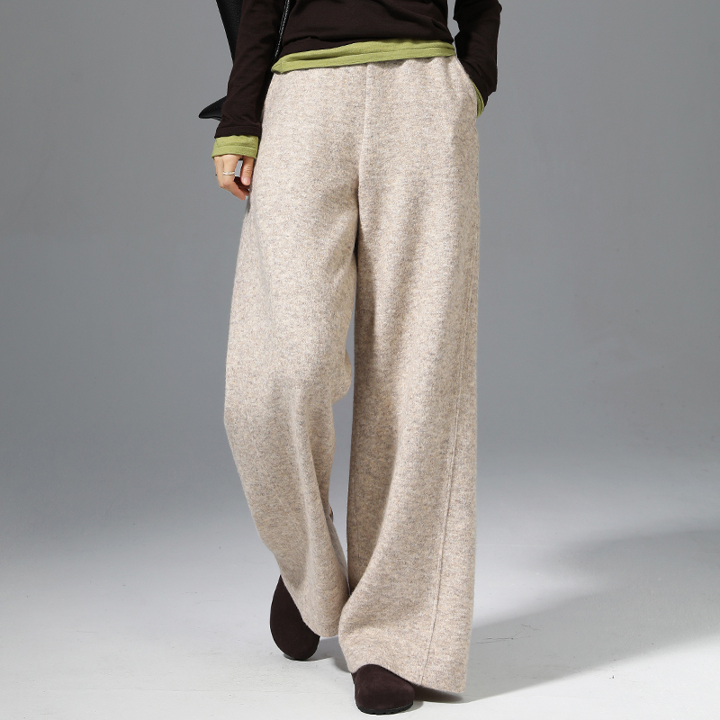 米色针织毛呢阔腿裤女秋冬新款