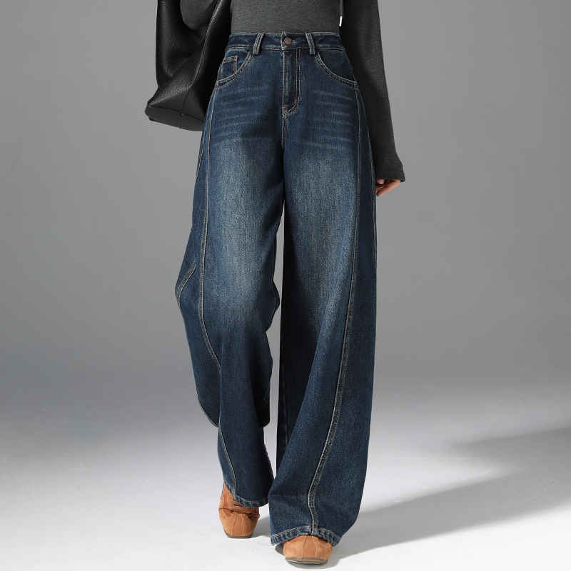 高腰加绒阔腿牛仔裤女秋冬