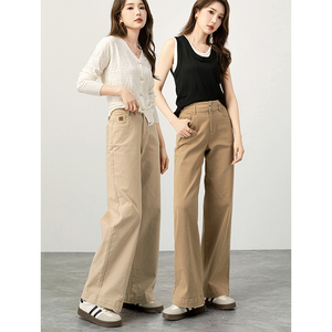 女士新款女裤卡其色裤子小个子休闲裤高腰阔腿裤女春秋宽松直筒裤