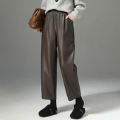 小个子哈伦九分裤 高腰宽松阔腿休闲直筒裤 子 女新款 秋冬棕色PU皮裤