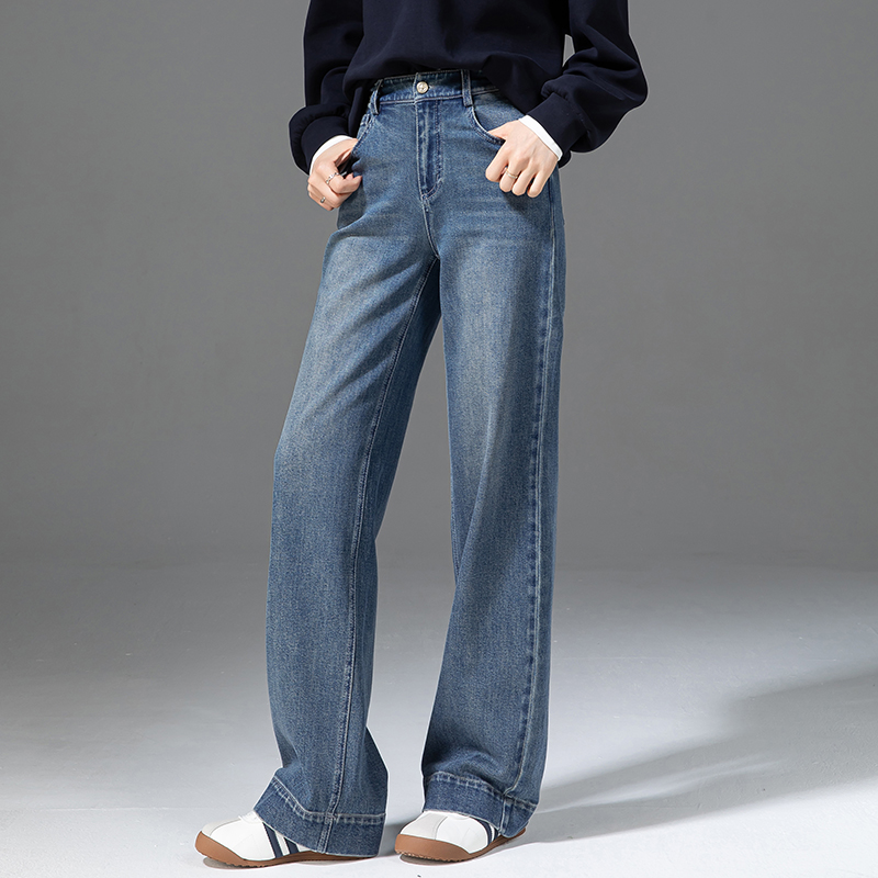 凌丹娜高腰直筒牛仔裤女宽松阔腿
