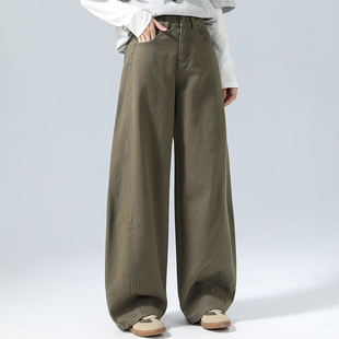 子休闲拖地弯刀直筒裤 宽松显瘦裤 女春秋新款 军绿色高腰阔腿牛仔裤