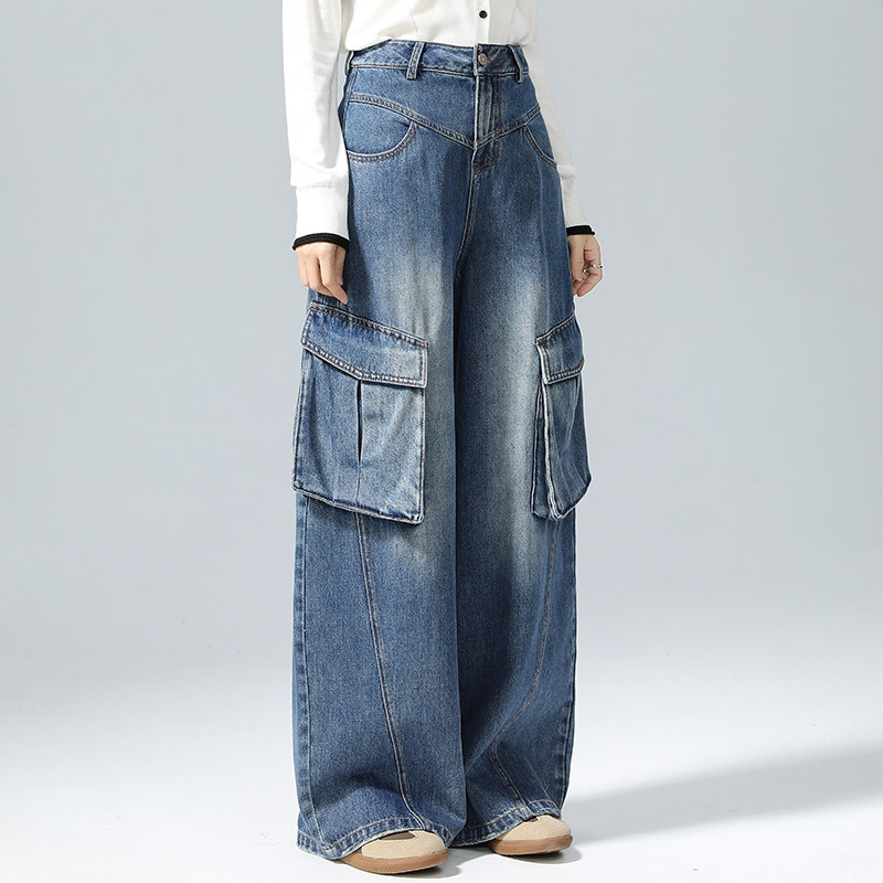 工装大口袋阔腿牛仔裤女春秋新款高腰显瘦宽松拖地裤弯刀裤直筒裤,女装/女士精品,牛仔裤,淘宝优惠券,粉丝福利购,淘宝优惠卷