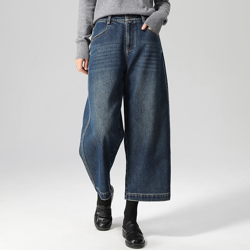 高腰加绒阔腿牛仔裤女八分九分裤