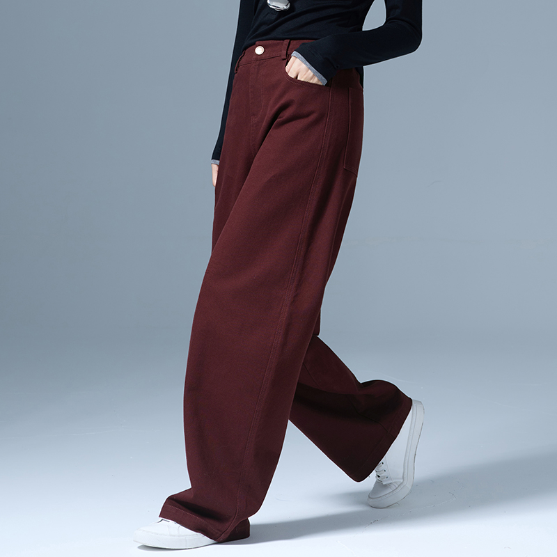 酒红色高腰阔腿牛仔裤女春秋