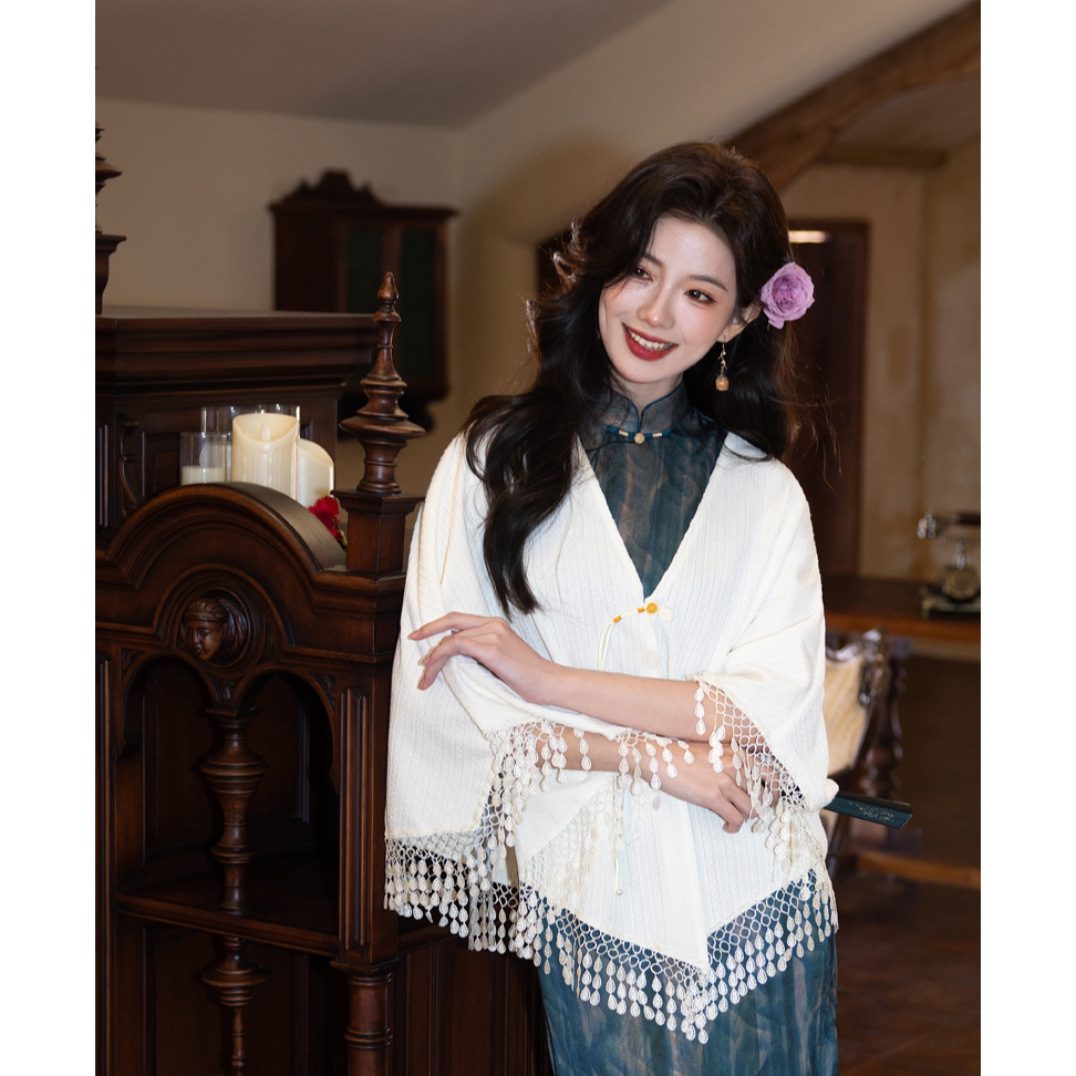 白色披肩外搭旗袍女夏季空调房针织流苏改良年轻款少女气质民国风