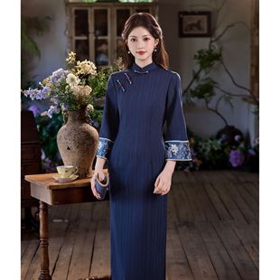藏青色新中式旗袍2025新款复古文艺民国风改良年轻日常连衣裙5812