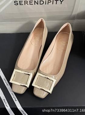 2025春秋新款小方头低跟女鞋方扣低跟大象灰漆皮单鞋通勤浅口工作