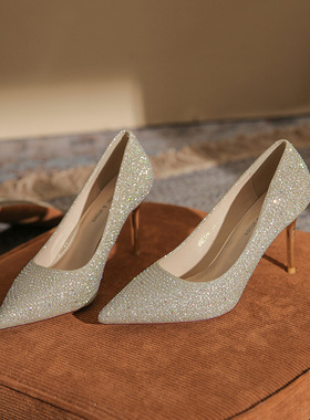 6681-9韩版水钻高跟鞋女婚鞋新款百搭亮钻女鞋烫钻尖头细跟单鞋