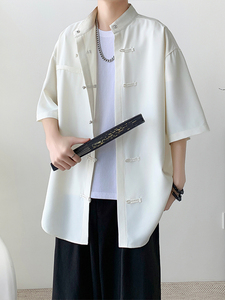 新中式痞帅短袖衬衫男士夏季2024新款潮牌炸街高级感白色衬衣外套