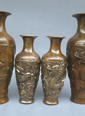 黄铜龙凤呈祥花瓶仿古风家居装饰