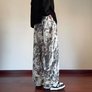 白色扎染灯芯绒男裤子美式高街夏季薄款阔腿卫裤直筒显瘦休闲长裤