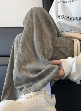 扎染灯芯绒裤子男春夏款直筒宽松阔腿美式潮流薄款卫裤痞帅休闲裤