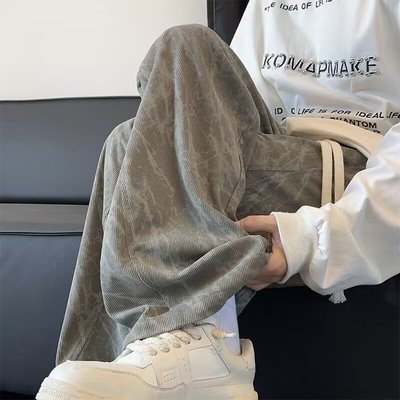 扎染灯芯绒裤子男秋冬款直筒宽松阔腿美式潮流加绒卫裤痞帅休闲裤