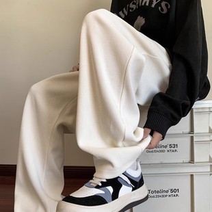 裤子男薄款潮牌复古直筒阔腿灯芯绒休闲oversize垂感长裤白色卫裤