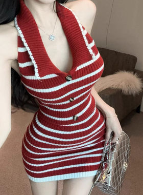 港味风格条纹针织连衣裙女夏纯欲辣妹性感吊带包臀裙挂脖抹胸裙子