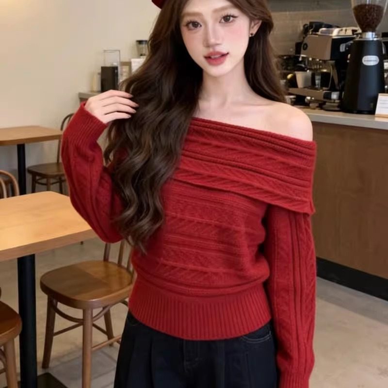 港味风格新年氛围感一字肩麻花毛衣女秋冬新款露肩针织衫上衣春装
