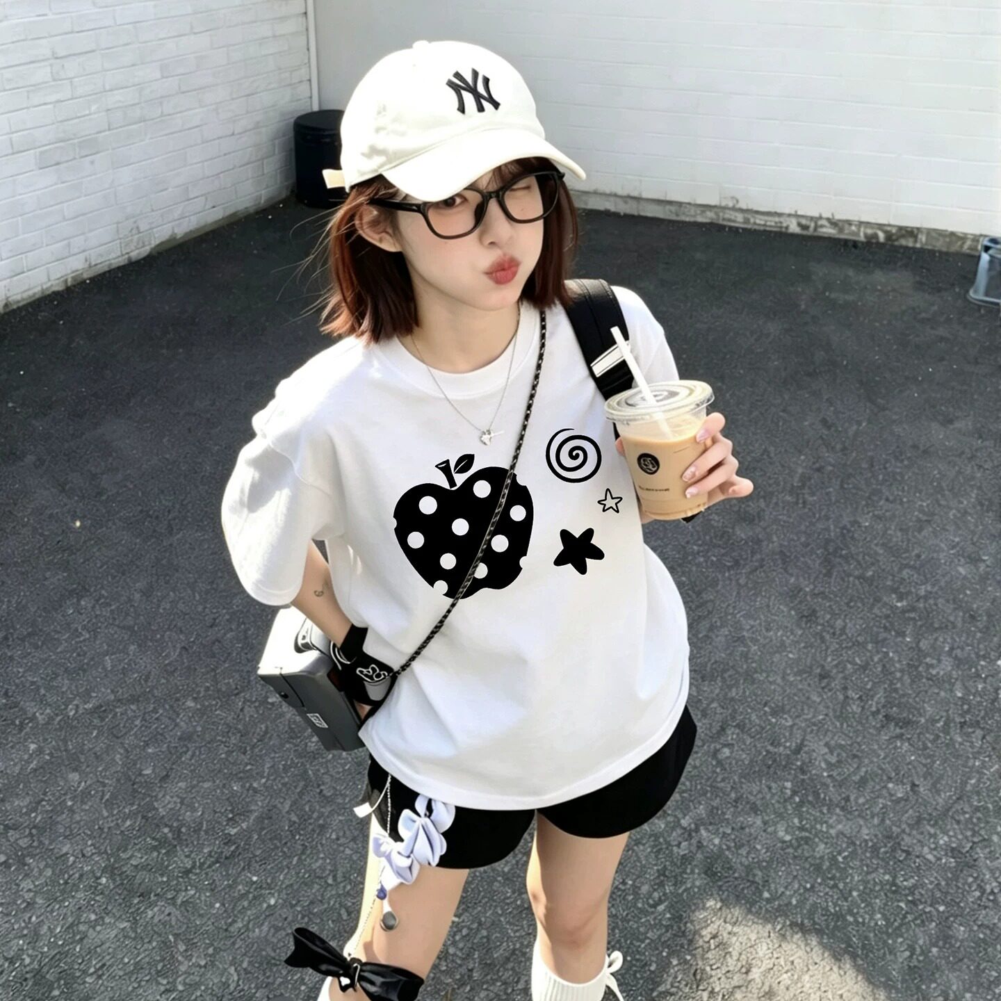港味风格纯棉圆领短袖T恤女夏季新款宽松显瘦苹果扎染休闲上衣潮
