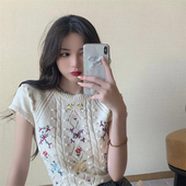 新款 女夏季 时尚 洋气设计感小众修身 上衣ins潮 法式 短款 复古针织衫