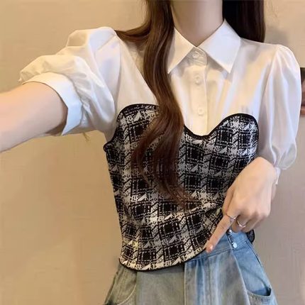 港味风格假两件短袖T恤女夏季拼接polo领法式泡泡衬衫针织上衣潮