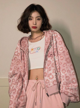 粉色豹纹短款开衫外套女春秋冬
