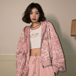 港味风格粉色豹纹短款开衫外套女春秋冬宽松连帽卫衣短外套棒球服