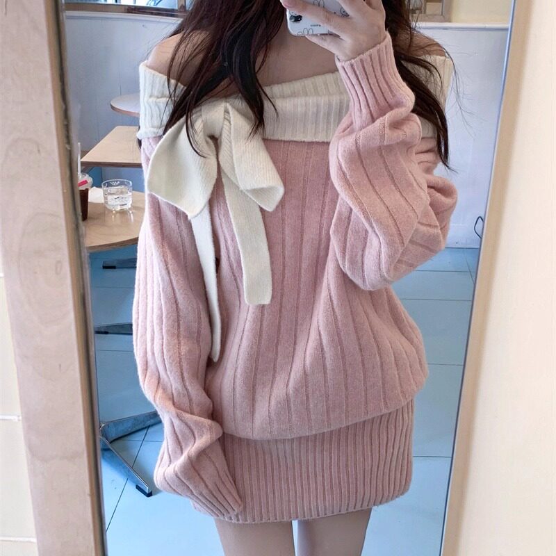 港味风格蝴蝶结一字肩针织毛衣连衣裙女春秋冬新款掐腰包臀短裙子,女装/女士精品,毛针织衫,淘宝优惠券,粉丝福利购,淘宝优惠卷