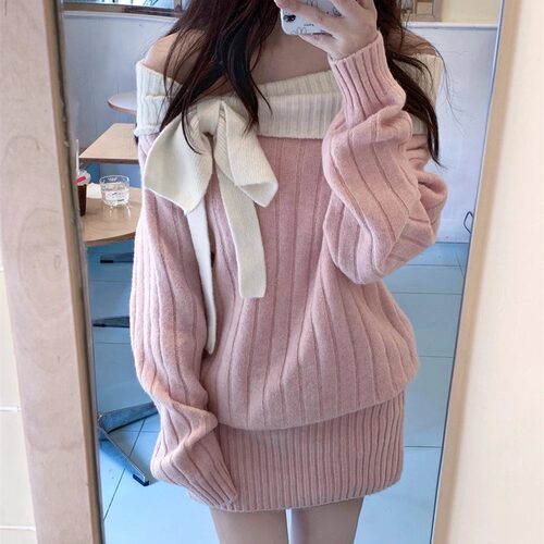 蝴蝶结一字肩针织毛衣连衣裙女