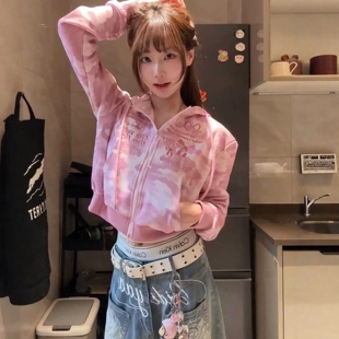 港味风格刺绣迷彩连帽卫衣外套女春秋装短款拉链开衫外套辣妹上衣