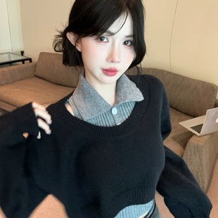 T恤背心两件套潮 港味风格 学院风polo领毛衣针织衫 女秋冬新款 长袖