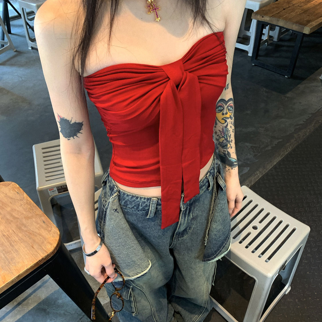 港味风格蝴蝶结系带抹胸背心女夏季纯欲风性感裹胸甜辣妹上衣外穿