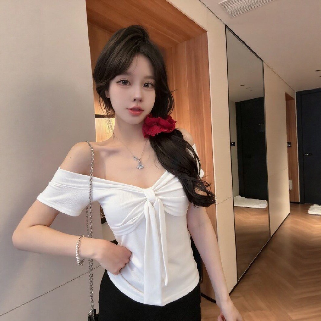 港味风格带胸垫露肩短袖T恤女夏季蝴蝶结系带小衫显瘦百搭上衣潮