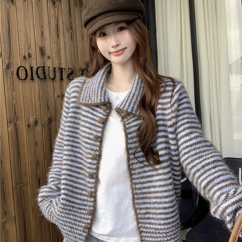 港味风格条纹针织开衫外套