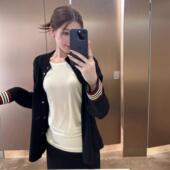 上衣 女春秋冬羊毛百搭宽松显瘦气质长袖 港味风格 撞色条纹针织开衫