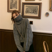 港味风格 上衣 套头宽松百搭针织打底衫 高领麻花长袖 毛衣女秋冬新款