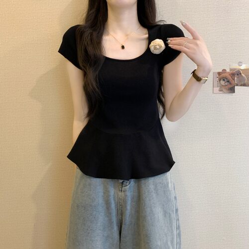 花朵方领正肩针织短袖t恤女