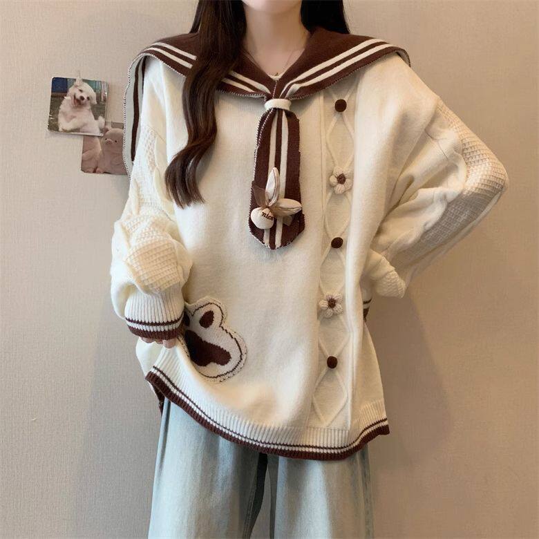 港味风格撞色卡通毛衣女秋冬新款长袖卫衣针织衫宽松中长款上衣潮