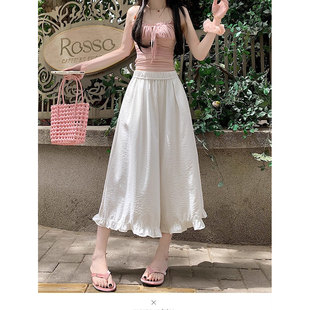 木耳花边休闲阔腿裤 宽松微喇叭裤 女夏季 高腰直筒裤 子 薄款 港味风格