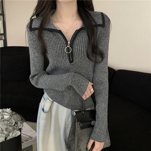 港味风格半拉链翻领长袖毛衣女春秋冬新款打底修身显瘦针织衫上衣