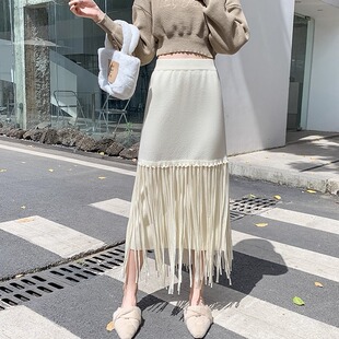 港味风格流苏半身裙女春秋冬新款时尚针织包臀裙纯色A字裙中长裙