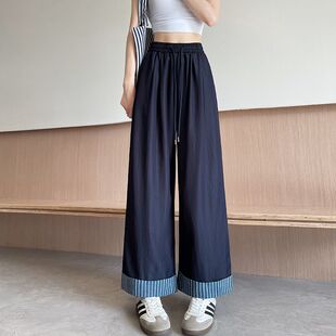宽松卷边条纹牛仔休闲裤 港味风格 新款 女夏季 潮 高腰显瘦天丝阔腿裤