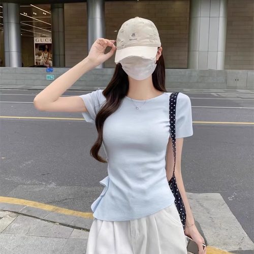 不规则荷叶边收腰短袖T恤女夏季