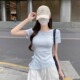 不规则荷叶边收腰短袖 显瘦针织衫 T恤女夏季 修身 上衣 新款 港味风格