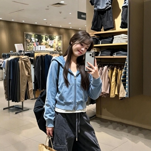 港味风格抓绒加厚连帽卫衣女秋冬新款外套开衫拉链短款棒球服上衣