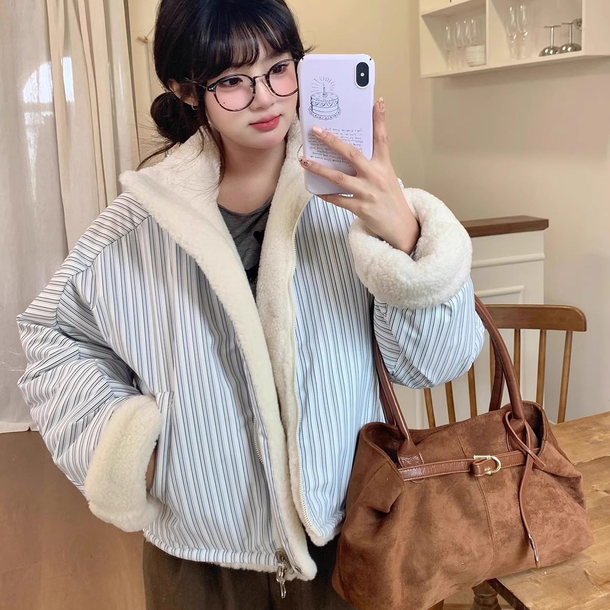 港味风格条纹两面穿羊羔毛棉服女冬季新款宽松加厚保暖棉衣外套潮